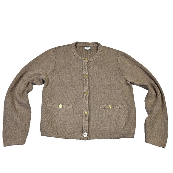JCrew Women L Lady Jacket Cardigan Sweater Gold Button Brown Quiet Luxury Cotton - Picture 13 of 16